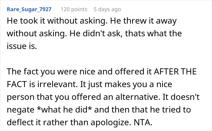 Comment discusses a husband's actions after throwing away his wife's lunch, sparking a dispute. Comment discusses a husband's actions after throwing away his wife's lunch, sparking a dispute.