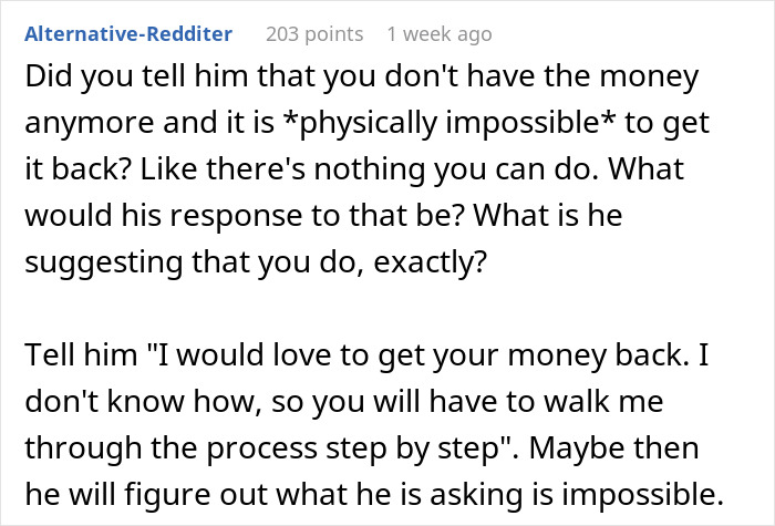 Reddit comment discussing vacation reimbursement issues related to a missing dog bill.