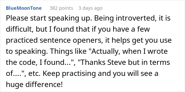 Text advice on introversion, encouraging speaking up with sentence openers after dealing with a coworker stealing work.