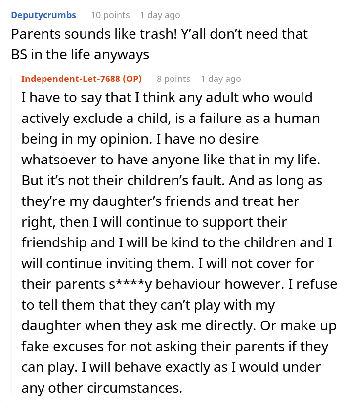 Reddit comments discussing parents excluding a child from events, highlighting social dynamics.