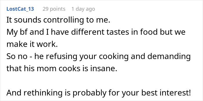 Reddit comment about a man refusing Hispanic cooking and reconsidering marriage.
