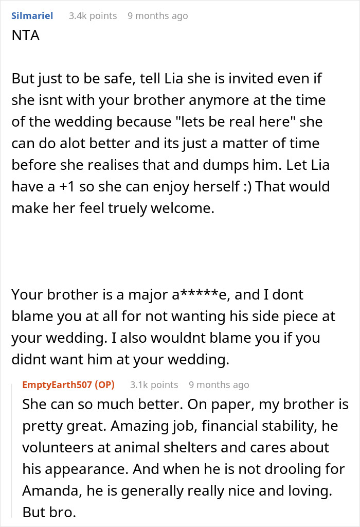 Reddit comments discussing bride's brother choosing his female BFF as +1 over his girlfriend for a wedding.
