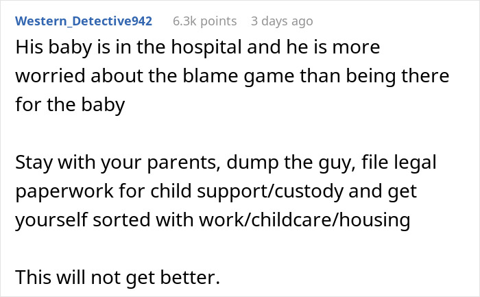 Text expressing frustration over a dad blaming fiance while newborn with pneumonia struggles in hospital.