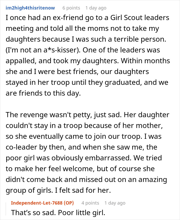 Text conversation about a mom influencing classmates against other parents, resulting in exclusion from events.