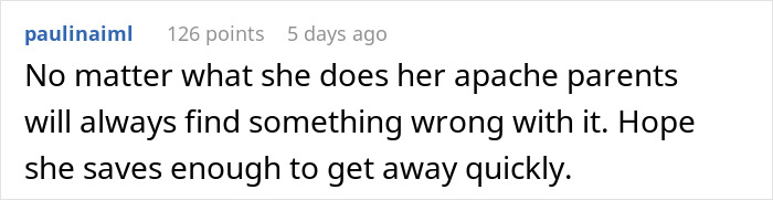 Comment discussing parental criticism and daughter's desire for independence.