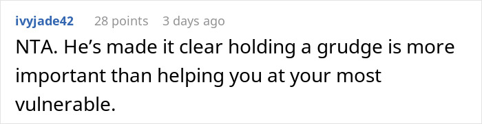 Comment on a dad prioritizing a grudge over helping while newborn battles illness.