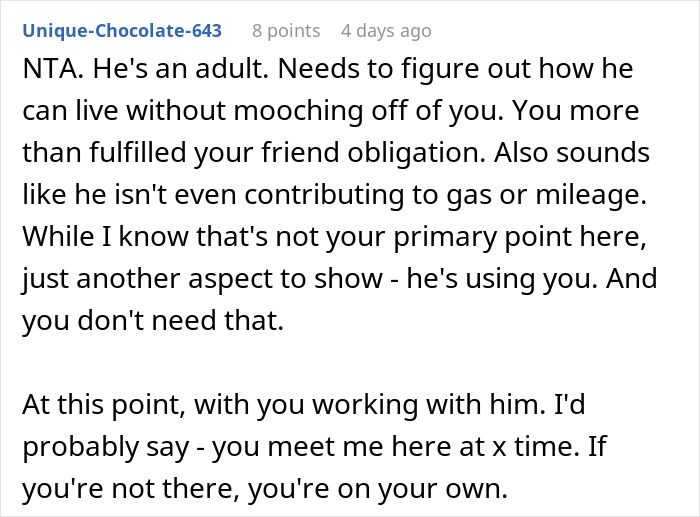 Text exchange discussing ending free rides due to a friend's tardiness and lack of contribution.