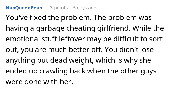 Comment criticizing a cheating girlfriend after proposal falls through.