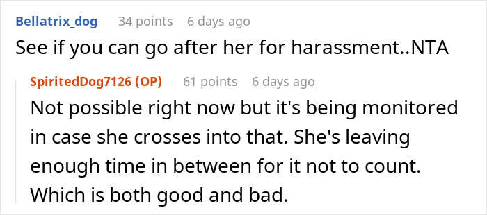 Reddit exchange discussing stepmom's role and bio mom's stance. Users mention monitoring behavior for potential harassment.