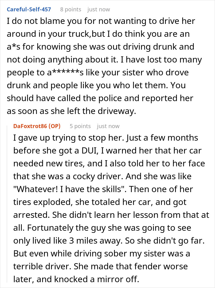 Comments discussing a woman driving drunk, with her sibling expressing no sympathy.