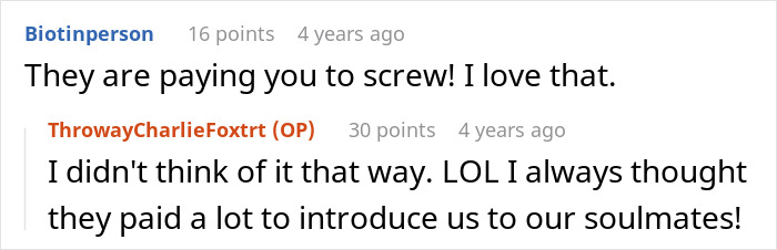 Chat exchange about affair partners finding soulmates through unexpected circumstances.