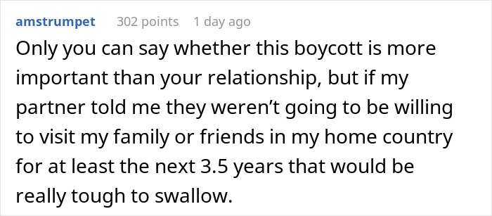 Reddit comment discussing relationship impact of U.S. tariffs and visiting family.
