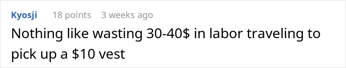 Comment about wasted labor costs when retrieving a $10 vest, highlighting inefficiency after a person is fired.