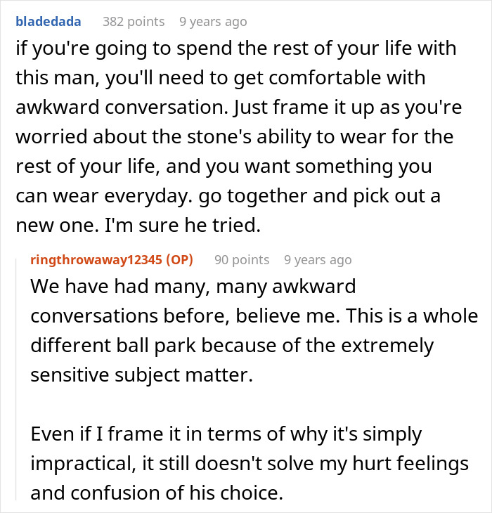 Reddit discussion about awkward conversations involving a poorly chosen engagement ring.