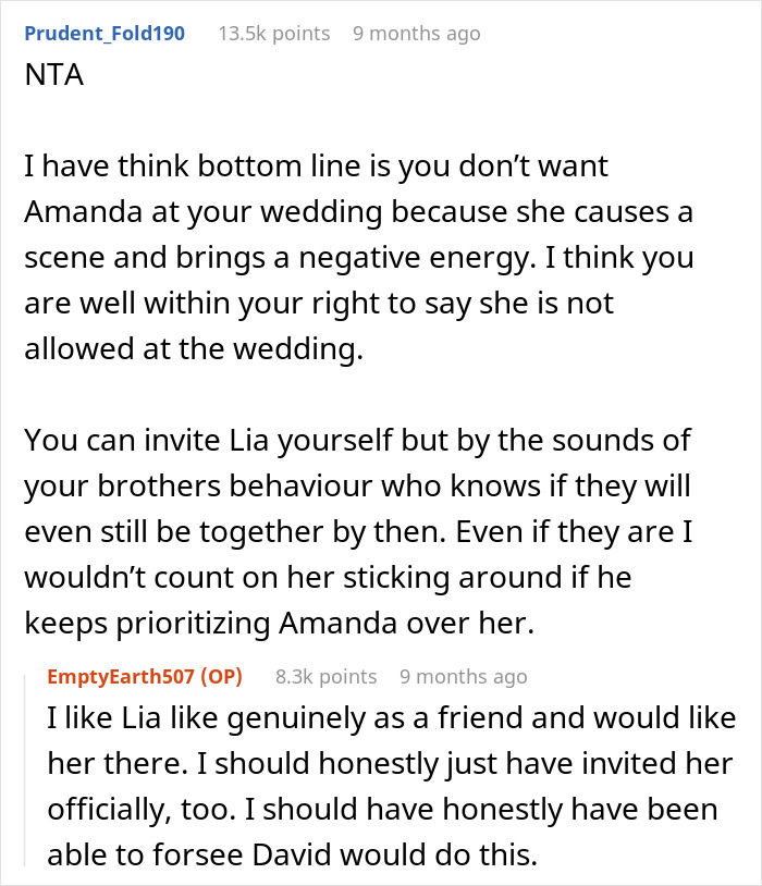 Bride frustrated as brother chooses female friend over girlfriend for wedding invite, sparking confusion.