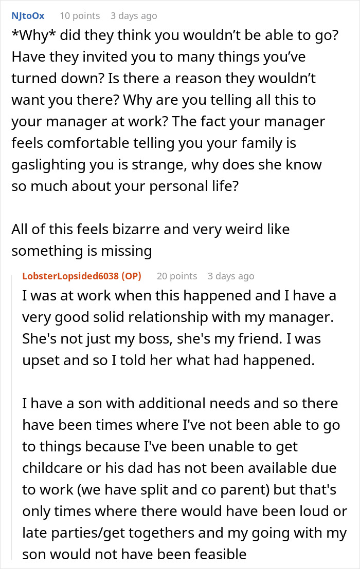 Reddit discussion about a woman's exclusion from her family, sharing her feelings and personal challenges.