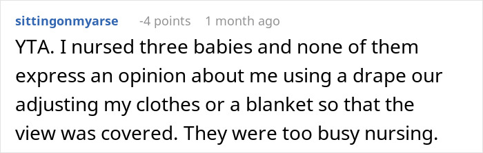 Reddit comment discussing breastfeeding around relatives, addressing use of drapes or blankets. Reddit comment discussing breastfeeding around relatives, addressing use of drapes or blankets.