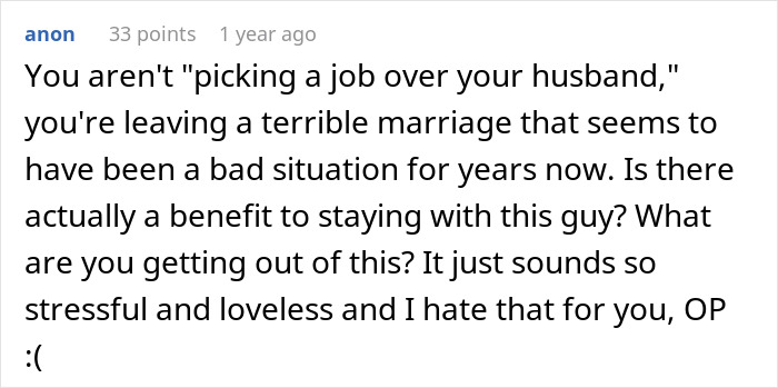 Reddit post comment discussing stressful marriage and job ultimatum.