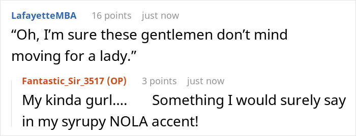 Text exchange discussing men moving for a woman's seat, with comments on accents.