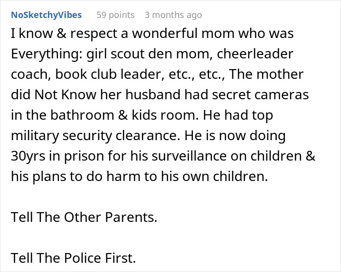 A concerned mom shares a story about secret cameras found, advising parents to contact police first. A concerned mom shares a story about secret cameras found, advising parents to contact police first.