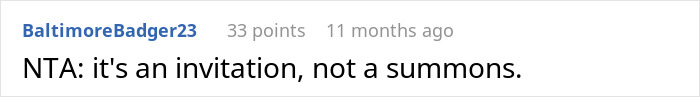 Reddit comment saying, "NTA: it's an invitation, not a summons," related to marrying ex-GF's cousin.