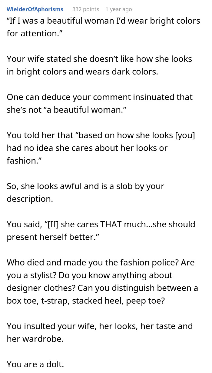 Text exchange about a guy calling his girlfriend "boring, old, and dumpy," leading to confusion over her cold reaction. Text exchange about a guy calling his girlfriend "boring, old, and dumpy," leading to confusion over her cold reaction.