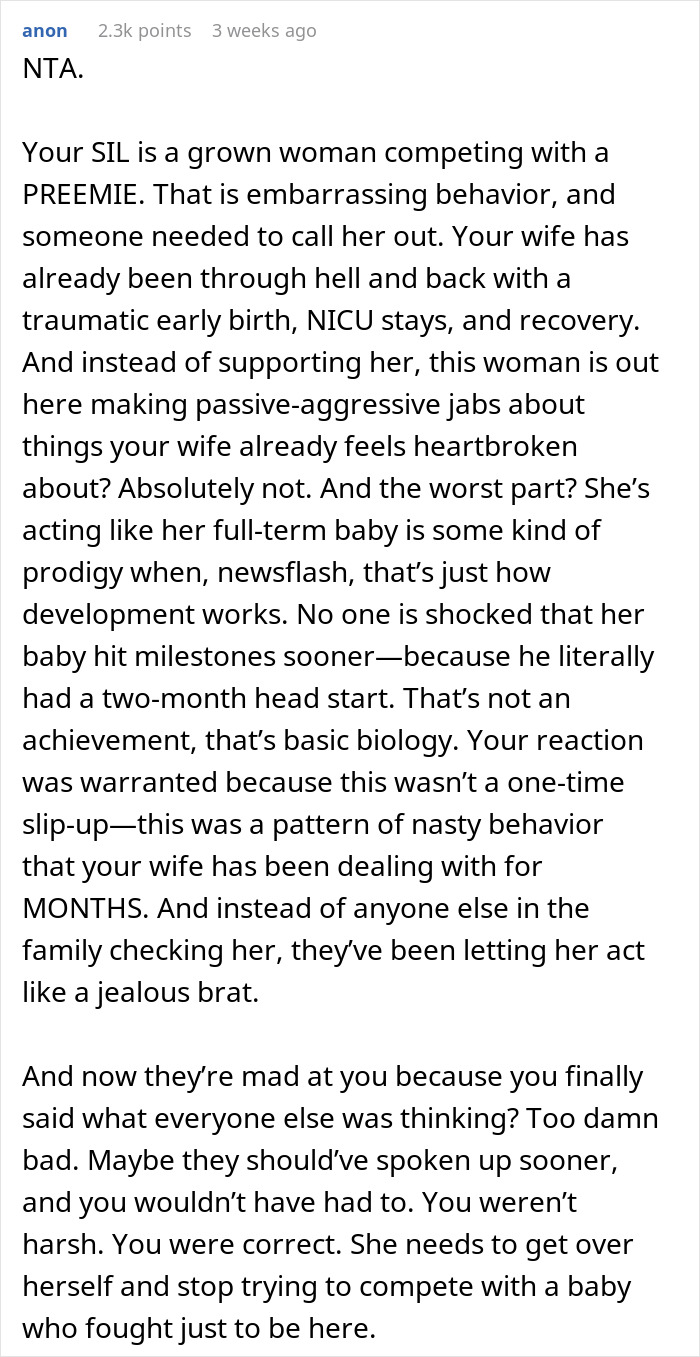 Text exchange about woman upstaged by nephew; called out by dad for comparing babies.