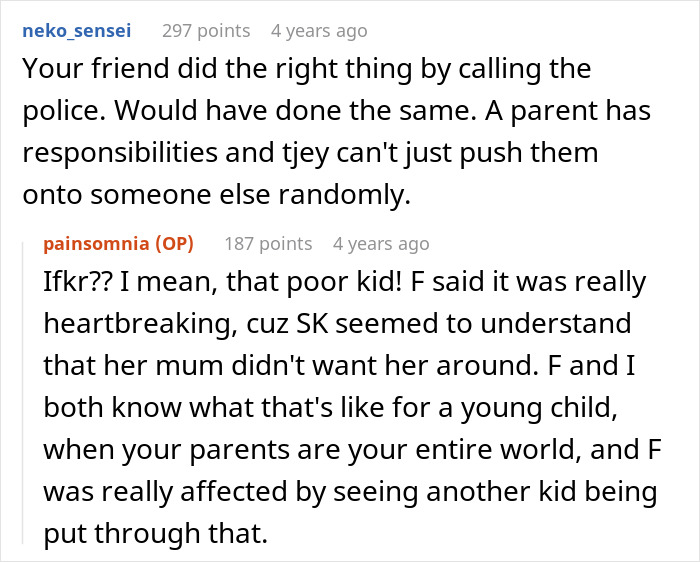Discussion about neighbor's refusal to watch a child; comments on parental responsibilities and emotional impact on kids.