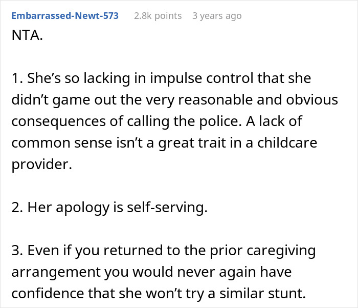 Comment discussing consequences of reporting sister-in-law for child abandonment, highlighting lack of impulse control.