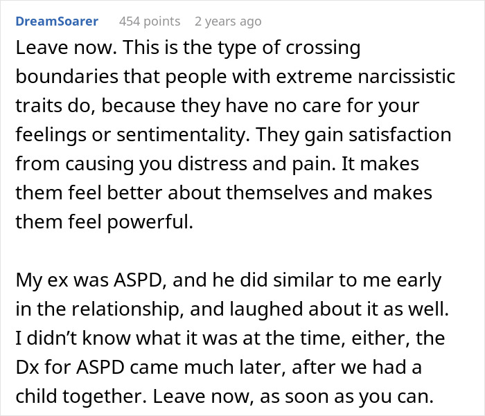 Comment discussing narcissistic traits and lack of care for sentimentality. Comment discussing narcissistic traits and lack of care for sentimentality.