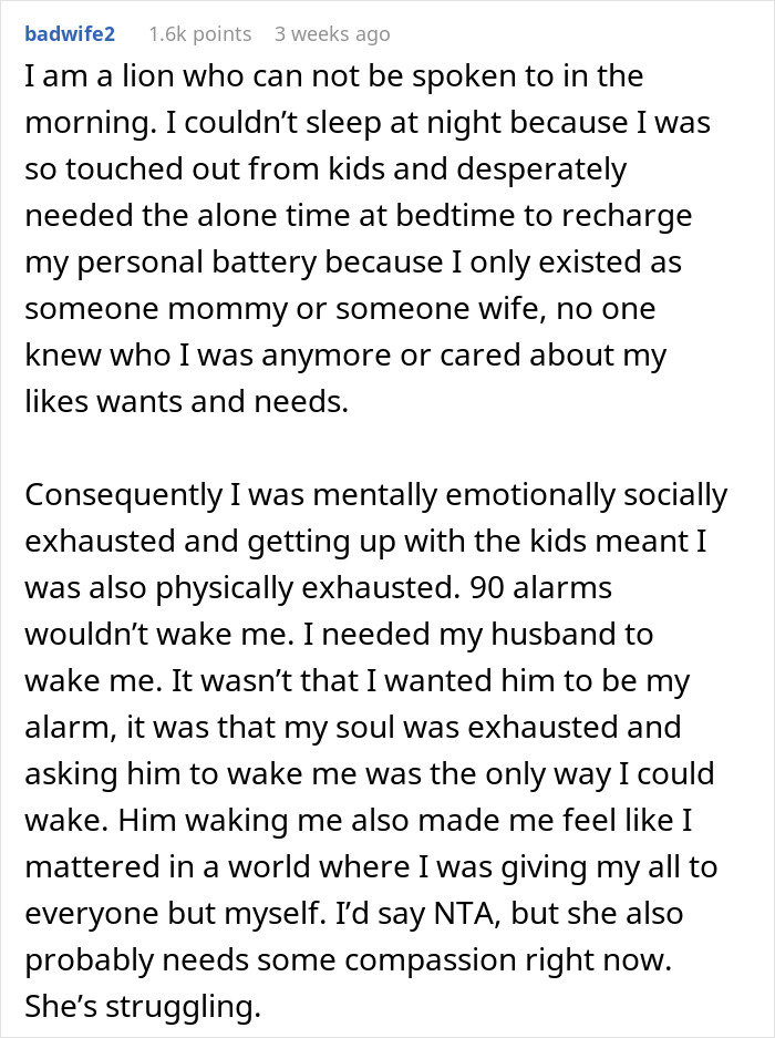 Text post expressing a wife's morning wake refusal due to exhaustion and emotional struggles with family duties.