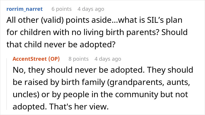 Discussion about adoption views, focusing on whether children with no living parents should be adopted or raised by family.