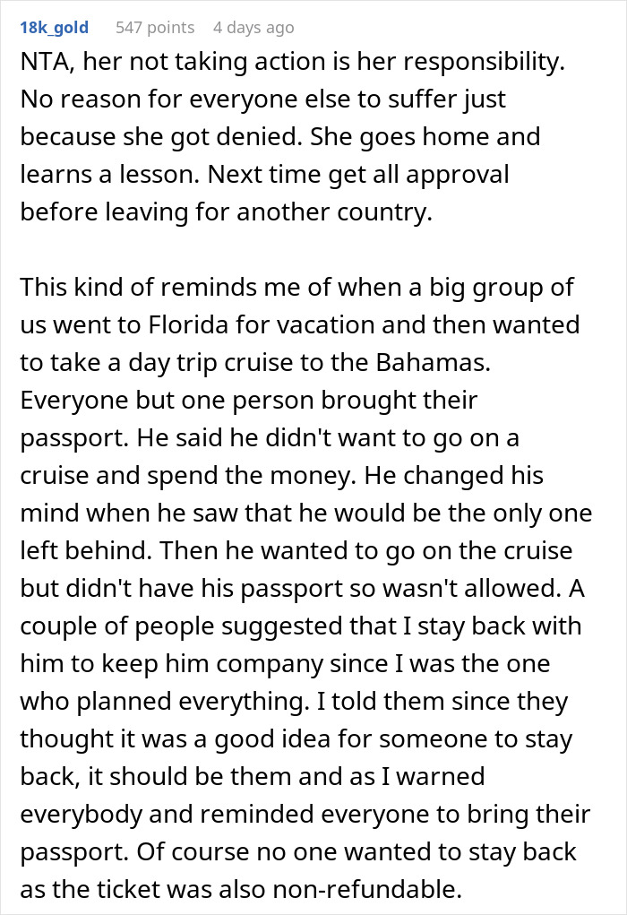 Text discussing a woman's frustration over friends not reimbursing her for a trip, involving responsibility and non-refundable tickets. Text discussing a woman's frustration over friends not reimbursing her for a trip, involving responsibility and non-refundable tickets.