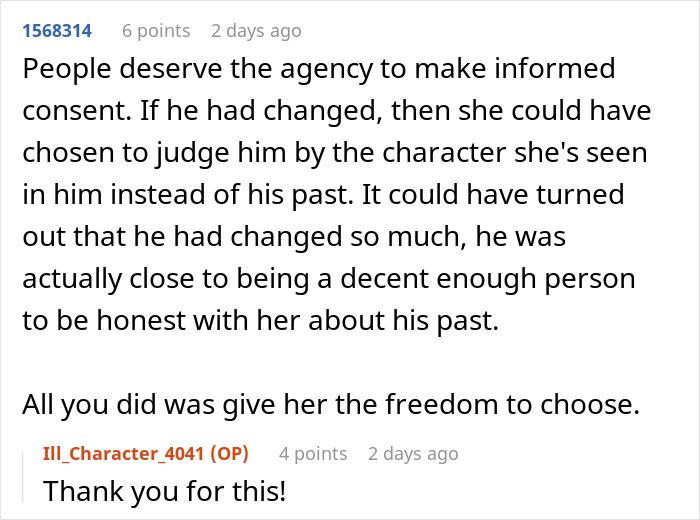 Comment discussing woman's choice to reveal ex's criminal record to his pregnant wife.