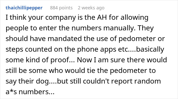 Text discussion on reporting coworker cheating in a walking competition, mentioning manual step entries and pedometer use. Text discussion on reporting coworker cheating in a walking competition, mentioning manual step entries and pedometer use.
