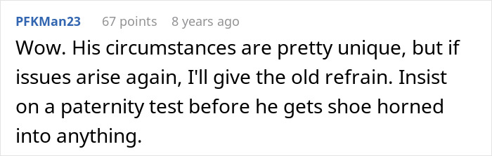 Comment discussing unique circumstances and suggesting a paternity test, related to a man in an open relationship.