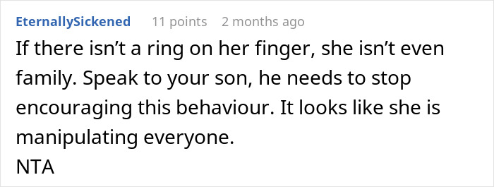 Comment discussing son's girlfriend's behavior, mentioning manipulation and lack of commitment. Comment discussing son's girlfriend's behavior, mentioning manipulation and lack of commitment.