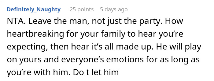 Text screenshot commenting on a woman's reaction to fianc&eacute;'s fake pregnancy announcement at her birthday dinner.