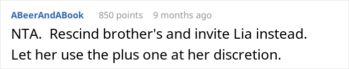 Comment advising to rescind brother's plus one invite and give it to Lia instead.