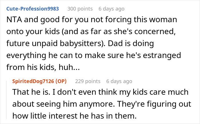 Stepmom drama with husband's kids; comments discussing father's estrangement and lack of interest in children.