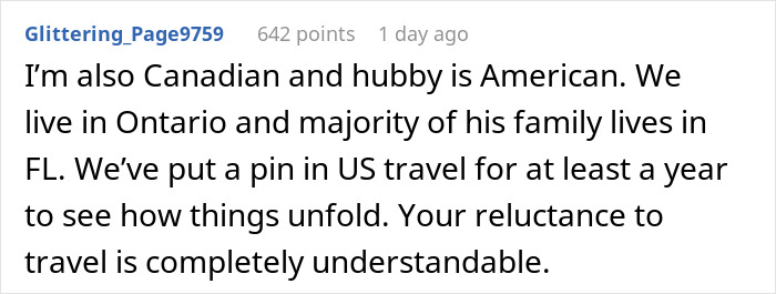 Comment discussing reluctance to visit U.S. due to tariffs and jokes about becoming 51st state.