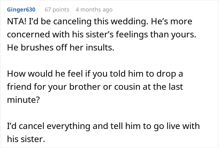 Comment discussing wedding concerns due to fianc&eacute; siding with his bullying sister.