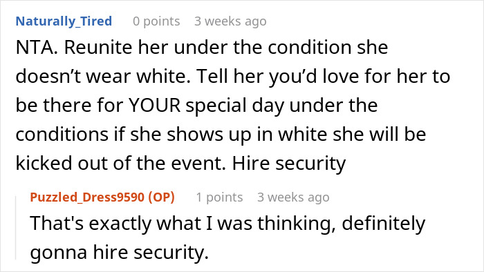 Reddit comments discussing bride's request to grandmother about not wearing white at wedding.