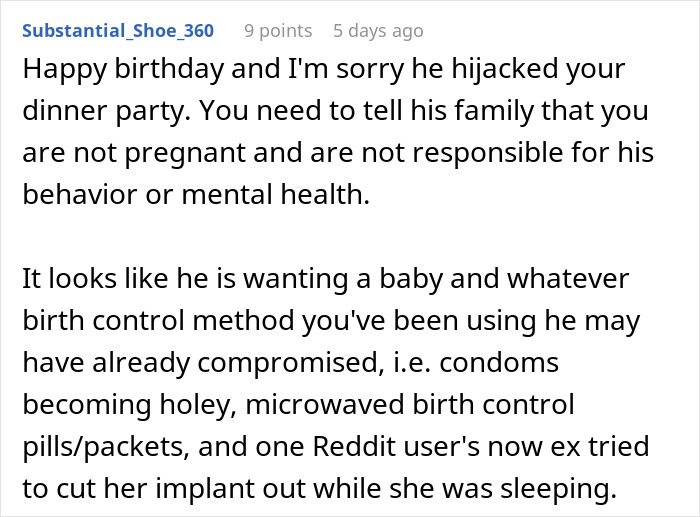 Reddit user comments on woman's birthday dinner hijacked by fianc&eacute;'s false pregnancy announcement.