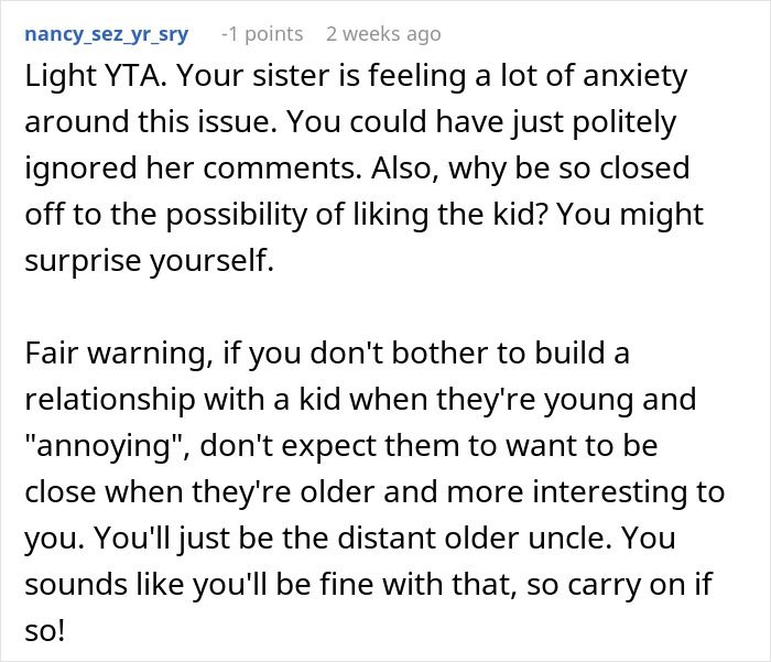 Comment offering advice on brother taking a parental role for sister&rsquo;s son, discussing family dynamics and relationships.