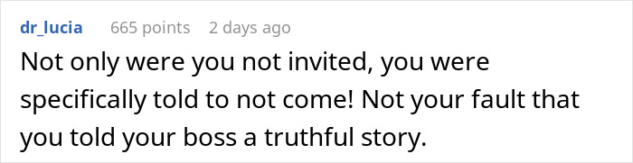Text comment about being excluded from a party, discussing truthfulness with a boss.