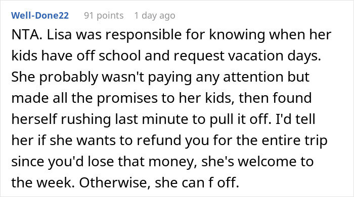 Text expressing criticism: mom upset coworker didn't cancel non-refundable vacation for her. Text expressing criticism: mom upset coworker didn't cancel non-refundable vacation for her.