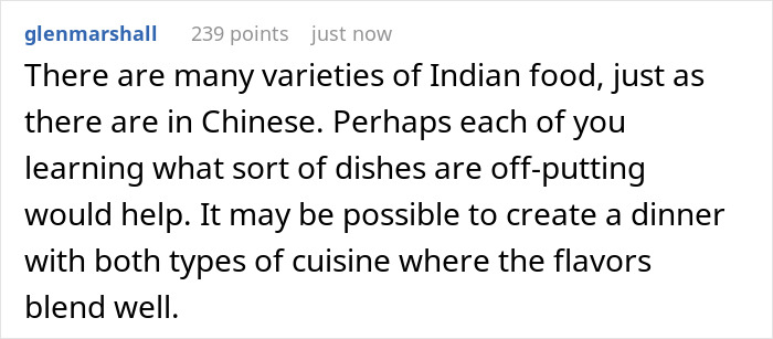 Comment suggesting blending Indian and Chinese cuisines for a harmonious dinner experience. Comment suggesting blending Indian and Chinese cuisines for a harmonious dinner experience.