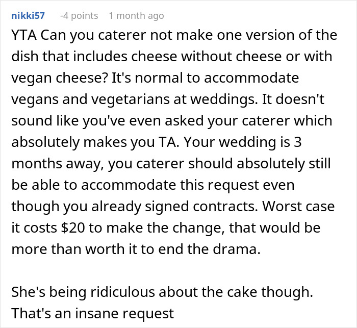 Comment discussing vegan menu requests at weddings, focusing on accommodating vegans and vegetarians.