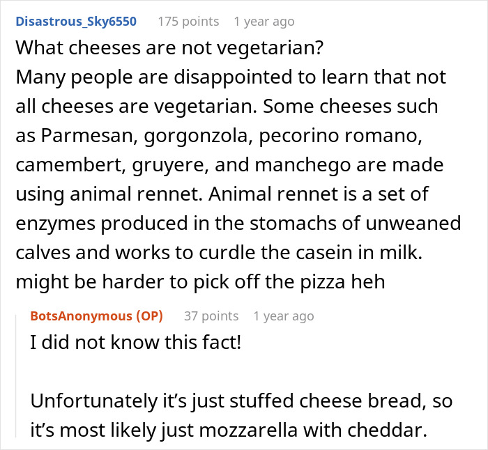 Discussion about vegetarian cheeses and stuffed cheese bread with meat. Discussion about vegetarian cheeses and stuffed cheese bread with meat.